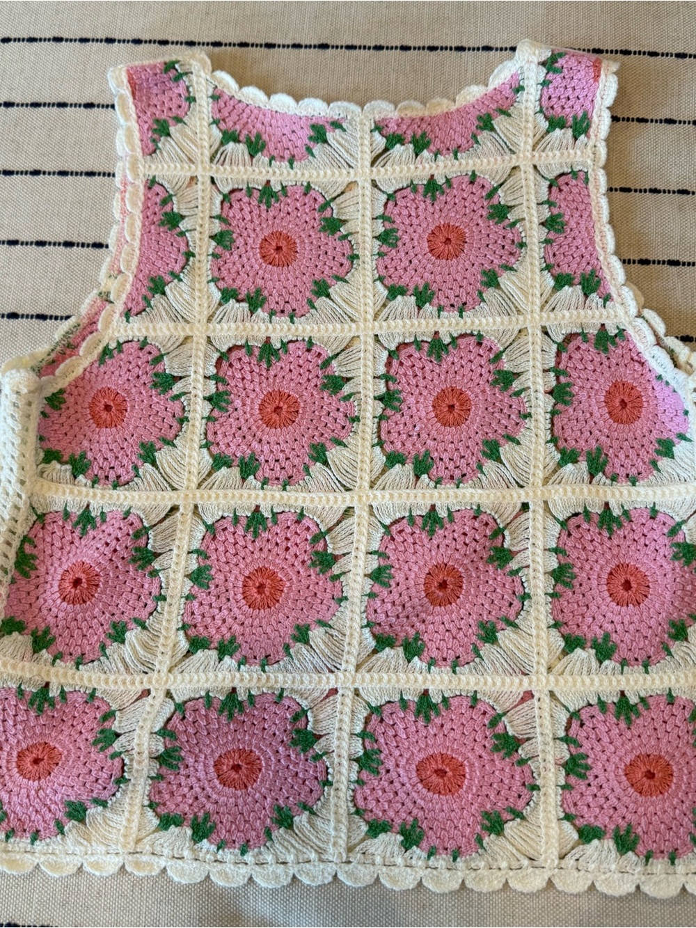CeCe Pink & Cream Crochet Floral Tank Top with Green Accents - Picture 4 of 4